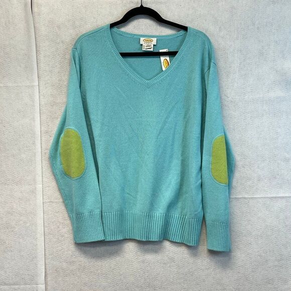 TALBOTS WOMAN Sweater 1X Aqua Blue V-Neck Merino Wool Angora Cashmere Elbow Patc - Picture 12 of 14